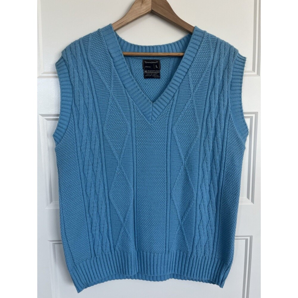 Vintage Towncraft Cable Knit Sweater Vest Men Large L Blue V-Neck Grandpa Core